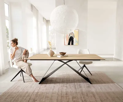 Produktbild von DELIFE Esstisch Edge 200x100 Keramik Laminam® Sabbia Eichefarbig V-Gestell Flachstahl Schwarz