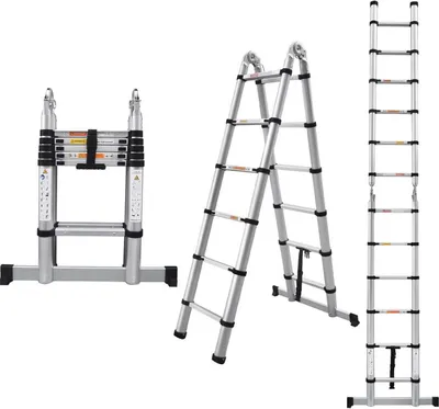 Produktbild von 2-in-1 teleskopische Leiter / Stehleiter mit Gelenk - 3,8 m, Aluminium
