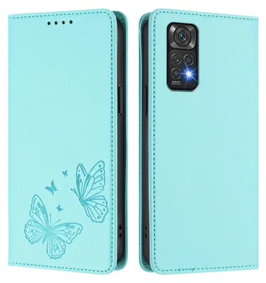 Produktbild von Lederhülle für Xiaomi Redmi Note 11S/Note 11 4G, Schmetterling Prägung Leder Brieftasche Schutzhülle mit Ständer Türkis