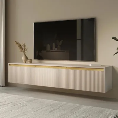 Produktbild von TV Lowboard Loren Kaschmir Beige 180 cm Rillenfronten – Hängend oder Stehend, Goldene Akzente