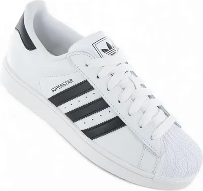 A studio shot of a white Adidas Superstar II sneaker with black stripes.
