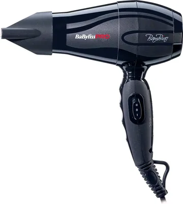 A black Babyliss Pro hair dryer is shown against a white background.
