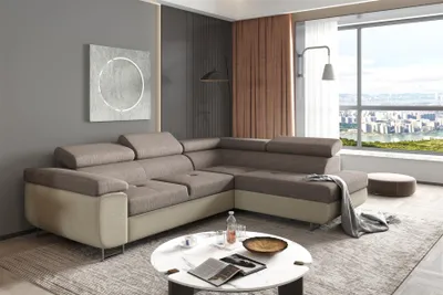 Productafbeelding van Eckbank Sofa JADE, gestoffeerd met Monolith in crème-grijs, met slaapfunctie, chaise longue aan de rechterkant