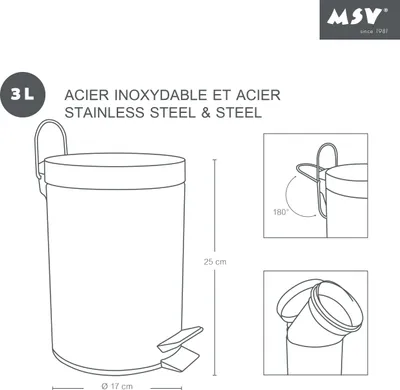 Diagrams and specifications for a trash can.