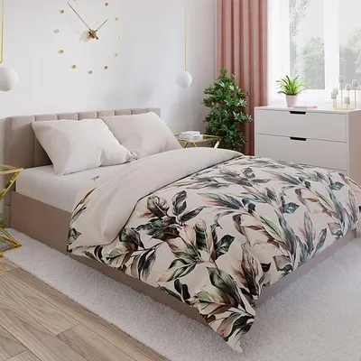 Image de Linge de lit, satin de coton, haute qualité 160 x 200, Samanta Beige, feuilles de palmier