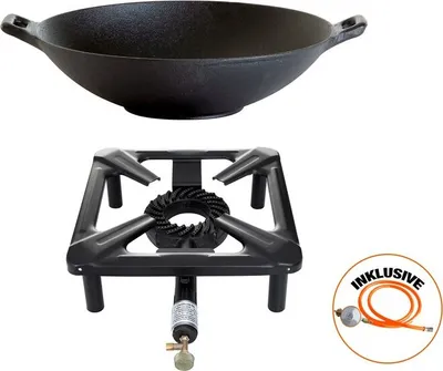 Produktbild von Hockerkocher-Set (groß) mit Gusseisen-Wok Ø 37 cm inkl. Gasschlauch & Regler
