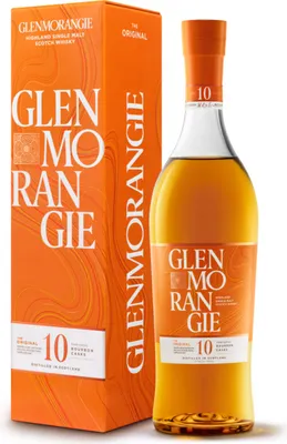 A bottle of Glenmorangie The Original 10 Year Old Highland Single Malt Scotch Whisky and its accompanying gift box are presented against a white background.