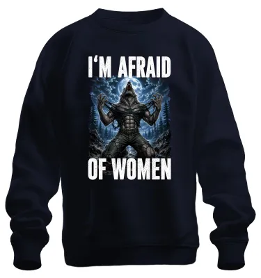 Immagine prodotto di Felpa con cappuccio, modello "Werwolf Wolf", con scritta "Ho paura delle donne", colore blu navy, taglia 3XL