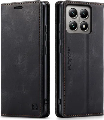 A black flip case for a smartphone, shown from two angles.