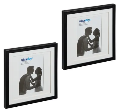 Productafbeelding van Relaxdays set van 2 fotolijsten, 25x25 cm, vierkant, fotolijsten om op te hangen of neer te zetten, met passe-partout, zwart