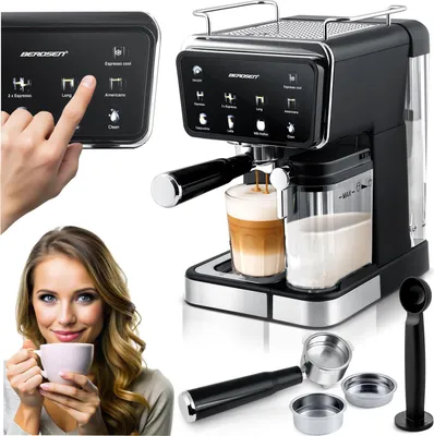 A collage of images showcasing a black espresso machine, its accessories, and a woman enjoying a cup of coffee.