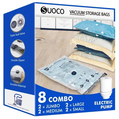 Image de Sacs de rangement sous vide pour vêtements, avec pompe à air électrique, lot de 8 (2 grands, 2 moyens, 2 petits, 2 très grands)