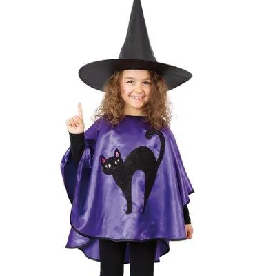 Produktbild von Kostüm Umhang mit schwarzer Katze – lila Cape für Mädchen – Verkleidung für Halloween, Fasching & Karneval (104/116)