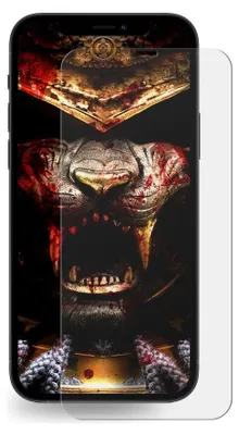 A smartphone screen protector is placed over a phone displaying a graphic image of a bloody tiger's face.