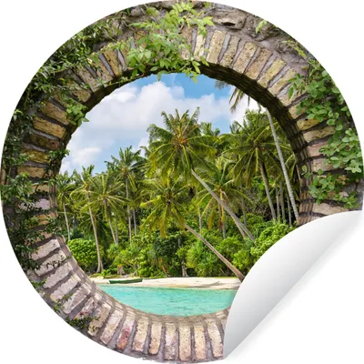 Produktbild von MuchoWow® Runde Wandtattoo - Wandsticker Tapete Aufkleber Durchblick - Palme - Tropen - Strand - Meer Ø 50 cm Selbstklebend und Repositionierbar - Wandaufkleber - Kreis - Wand Kreis - Wand Bild - Foto Tapete - Selbstklebende - Wohnzimmerdekoration - Wand Dekoration - Kinderzimmer