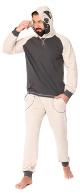 Produktbild von Ladeheid Herren Schlafanzug Zweiteiler aus Baumwolle Langarm Tierkostüm bunt Tiermotiv Verkleidung mit Kapuze LA40-239 (Beige Mops, S)