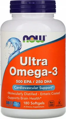 Produktbild von Ultra Omega-3 Fischöl (Rindergelatine) 500 mg EPA / 250 mg DHA 180 Weichkapseln Now Foods