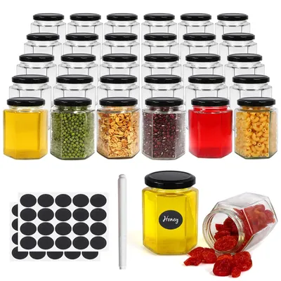 30 sechseckige Glasflaschen 170 ml mit schwarzen Deckeln