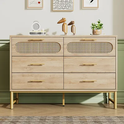 Produktbild von MODFU Kommode mit 6 Schubladen,Sideboard mit Rattanoptik Design,120 x 40 x 74 cm,Beistellschrank mit Höhenverstellbarer Metallfuß,Eiche