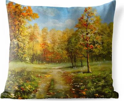 Produktbild von MuchoWow® Outdoor Kissen - Eine Illustration von herbstlichen Bäumen in einem Wald - 50x50 cm - Wetterfest - Lounge Kissen - Komfortabel - Kissen mit Bild
