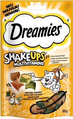 Produktbild von Dreamies Shake Ups Multivitamin-Leckerlis für Katzen, 55 g, mit Huhn, Ente und Katzenminze