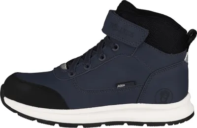 A side view of a single blue and black children's hiking boot.