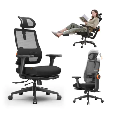 A collage of images showing an ergonomic office chair from different angles, including one with a person using it and reading a book.