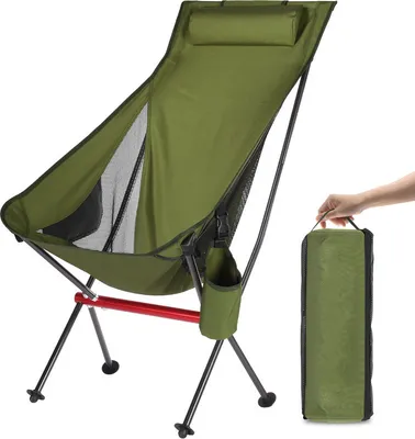 Image de (Vert) Chaise de camping d'extérieur à dossier haut Chaise complète en alliage d'aluminium Chaise pliante portable avec sac de transport et poches latérales pour la pêche en plein air Randonnée Pique-nique