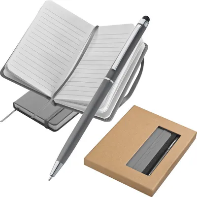 Produktbild von Schreibset 2-tlg. / Touchpen Kugelschreiber und Notizbuch 125x77mm / Farbe: grau