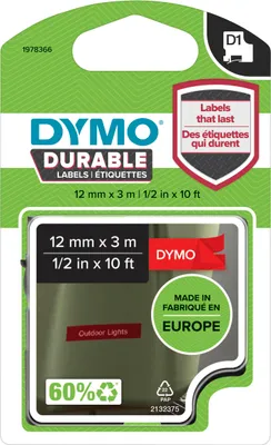 Produktbild von DYMO Original D1 Hochleistungs-Etikettenband | weiß auf rot | 12 mm x 3 m | permanent haftendes Vinyl-Schriftband | für LabelManager-Beschriftungsgerät