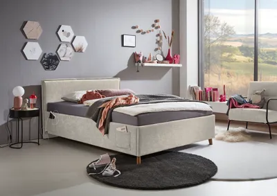 Produktbild von Meise Möbel Kinderbett FUN 120x200 cm | Bettgestell | Kopfteil glatt | Webstoff Beige | Holzfuß eichefarbig