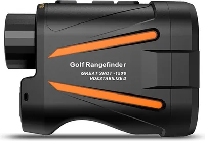 A black and orange golf rangefinder is shown from a side angle against a white background.