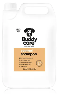Zdjęcie produktu dla Szampon dla psów Buddycare z płatkami owsianymi - szampon dla psów z podrażnioną skórą - łagodzący i nawilżający - z aloesem i prowitaminą B5 (5L)