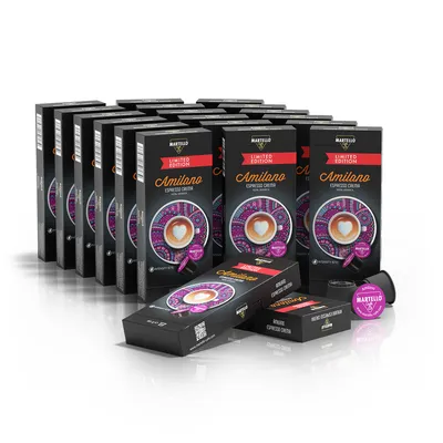 Multiple boxes of coffee capsules arranged in rows, with a few individual capsules and boxes in the foreground.
