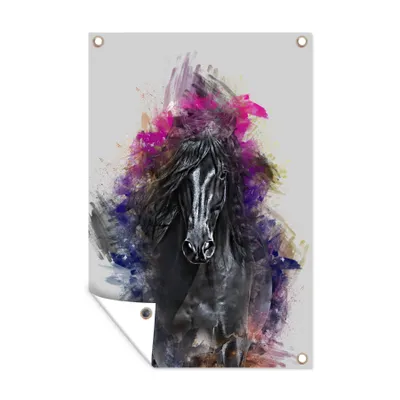 Obrázok produktu pre MuchoWow® Vonkajší plagát - Záhradná dekorácia ochrana súkromia - Záhradné plagáty pre záhradu - Horse - Black - Farby - 120x80x0.2cm