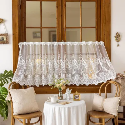 Productafbeelding van Vitrage keuken 140x70cm - Transparant bistrogordijn met kantpatroon - Wit halfgordijn voor ramen keuken