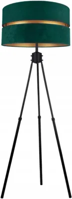 A dark green floor lamp with a gold accent band, supported by a black tripod base, photographed against a white background.
