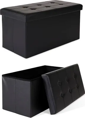 A black storage ottoman is shown in two views: closed and open.