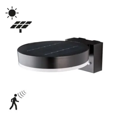 Image de Applique murale solaire LED extérieure "Marseille", noire, IP44, 6W, 600 lumens, lumière blanc chaud 2700K, avec détecteur de mouvement