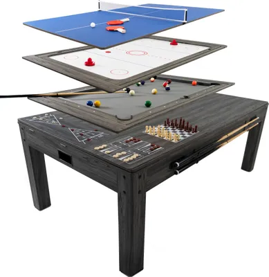 Image de Table de jeux 7 en 1 et table à manger, aspect bois gris : billard, tennis de table, air hockey, échecs, backgammon, shuffleboard. Divertissement pour les fêtes, bureau à domicile. Ensemble de jeux complet pour toute la famille, avec accessoires