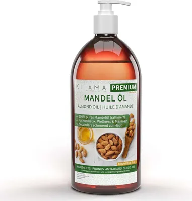 Zdjęcie produktu dla Kitama Olejek migdałowy 100% czysty 1L - delikatny olejek dla dzieci do masażu, naturalny olejek pielęgnacyjny do skóry i włosów
