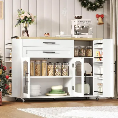 Produktbild von Mobile Kücheninsel mit klappbarer Arbeitsfläche, Küchenwagen mit 5 Rädern, mehreren Aufbewahrungsmöglichkeiten, Gewürzregal und Besteckschublade, 120x45(70) x90cm