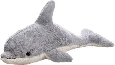 A plush toy dolphin is shown against a white background.
