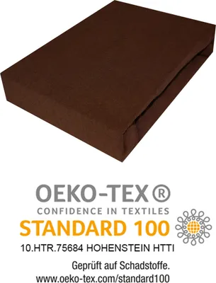 A brown fitted sheet is shown from a diagonal angle against a white background, with OEKO-TEX certification details below.