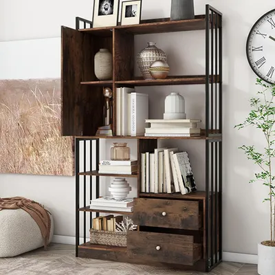 Immagine prodotto di Libreria a colonna con 6 ripiani, ante e 2 cassetti, struttura in acciaio, colore marrone/nero