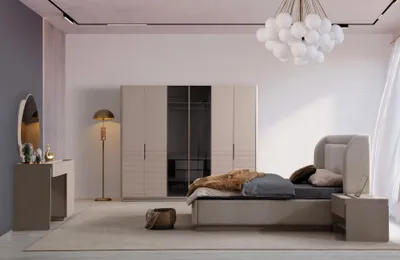 Obrázek produktu pro Designový béžový ložnicový set postel 2x noční stolky skříň 5 ks