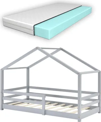 Produktbild von In And OutdoorMatch Kinderbett Toni - Kiefer - Hausbett - mit Matratze und Rausfallschutz - 70 x 140 cm - hellgrau - für Mädchen - für Jungen - für Kinder