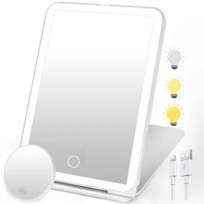 Produktbild von Beleuchteter Kosmetikspiegel, wiederaufladbar, faltbar und ultradünn, 3 dimmbare Lichtfarben, Touchscreen und 10-fache Mini-Vergrößerung, perfekt für Reisen und Zuhause (weiß)