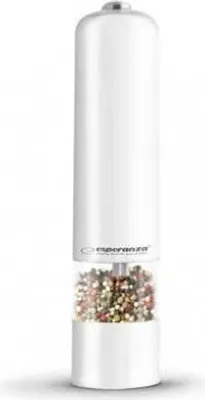 A white electric pepper grinder with a clear container filled with peppercorns.