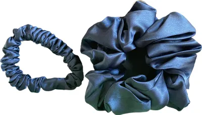 Produktbild von ORIGNEE® Seide Scrunchie, Haargummi, Set S+L, 100% Maulbeerseide, hypoallergen und schonend für Haar, Navy blue